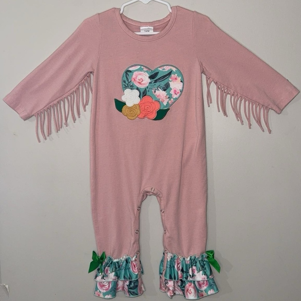Pink Floral Heart Ruffle Fringe Baby Romper 24 months boutique baby girl